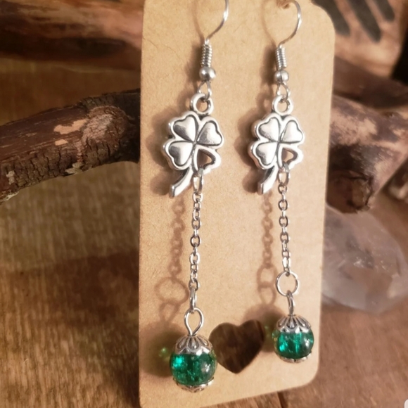 TINYdreamer Design Jewelry - Lucky Clover Heart Shamrock earrings Long~Celtic~St Patrick's day~Irish Gift